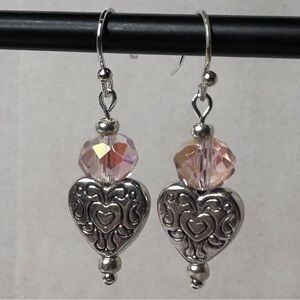 Hand Crafted Czech Glass Bead & Scroll Heart Earrings Pink Silver 1 3/8” NWT